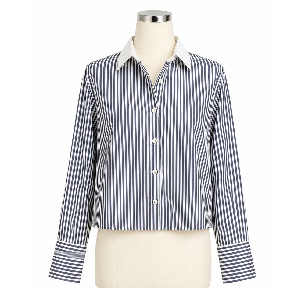 J.Crew Organic Cotton Navy & White Striped Cropped Garçon Shirt – Size 10